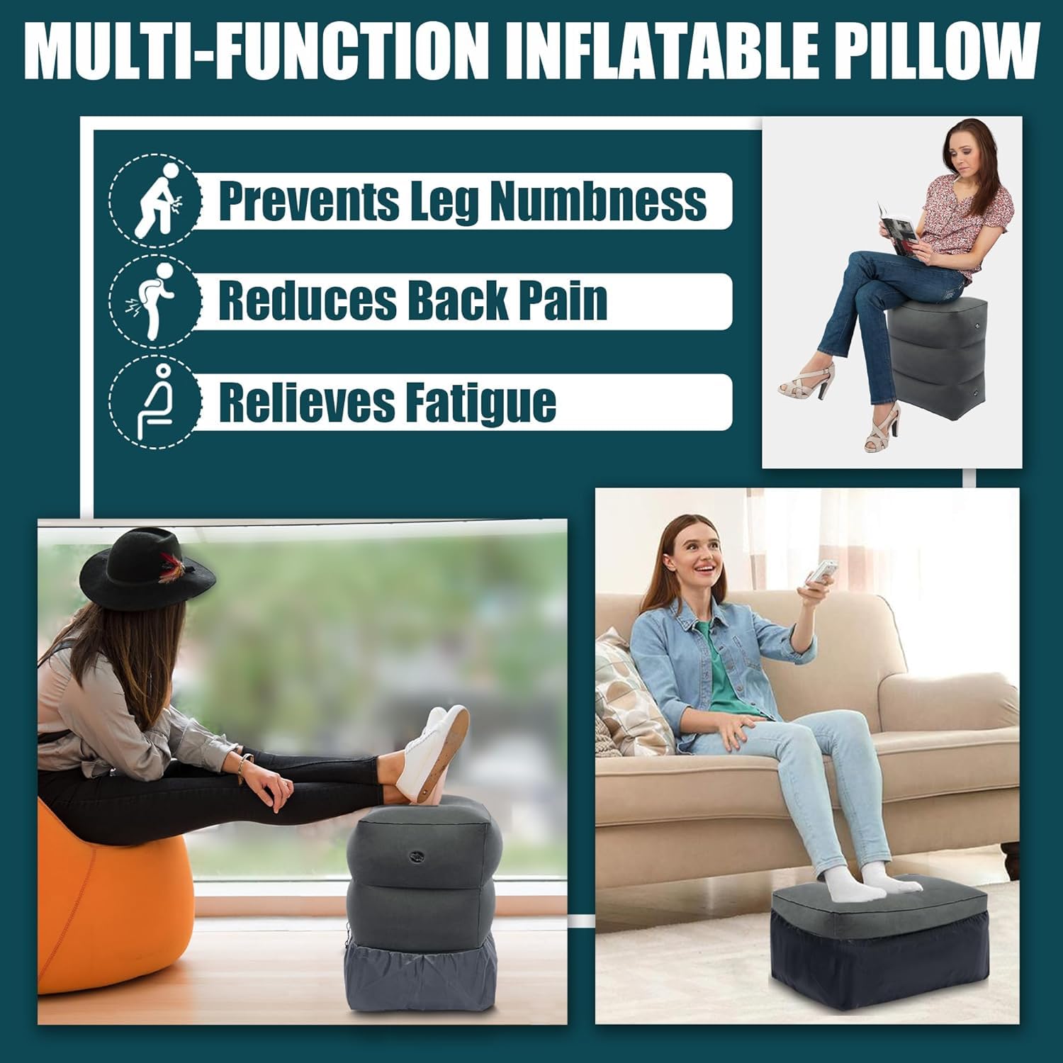 HANNEA Inflatable Travel Foot Rest Pillow for Flight and Office with Double Cap Valve | Eco PVC Flocking, 18.5×13.5×20.5 in
