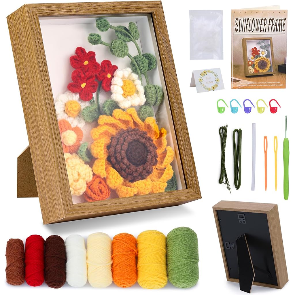 PATPAT® DIY Crochet Kit Sunflower Oil Paint Crochet Material Kit with Photo Frame, Tools & Tutorials Starter Friendly DIY Crochet Gift Mother's Day Gift DIY Crochet Sunflower Photo Frame Material Kit