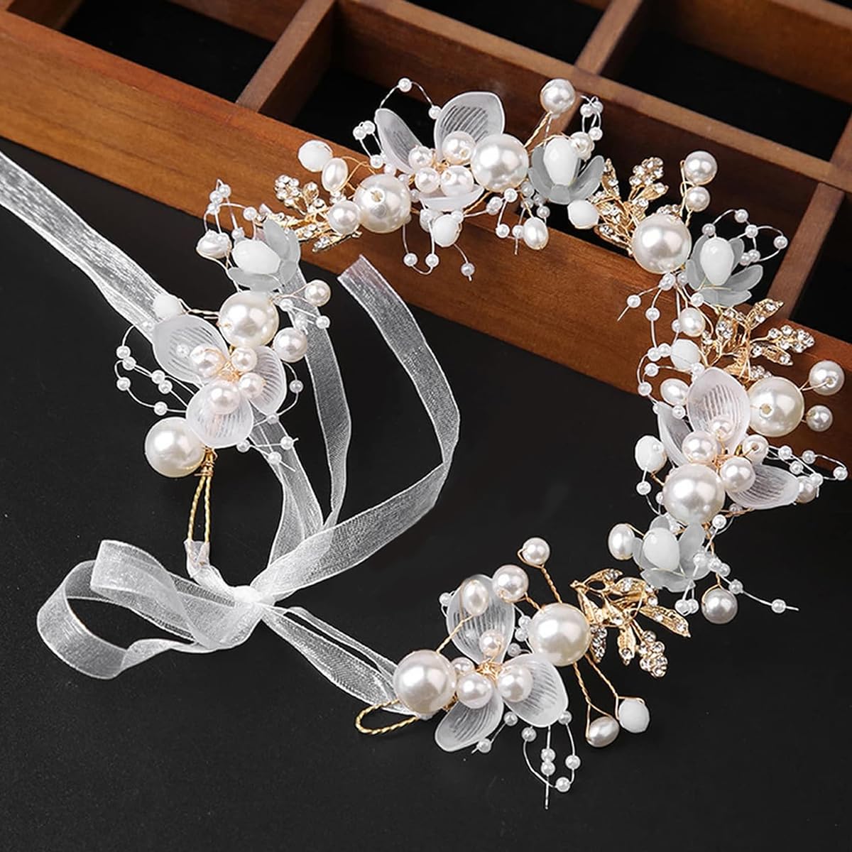 SANNIDHI Pearl Tiara for Weddings and Parties with Tie Clasp | White Floral Crown