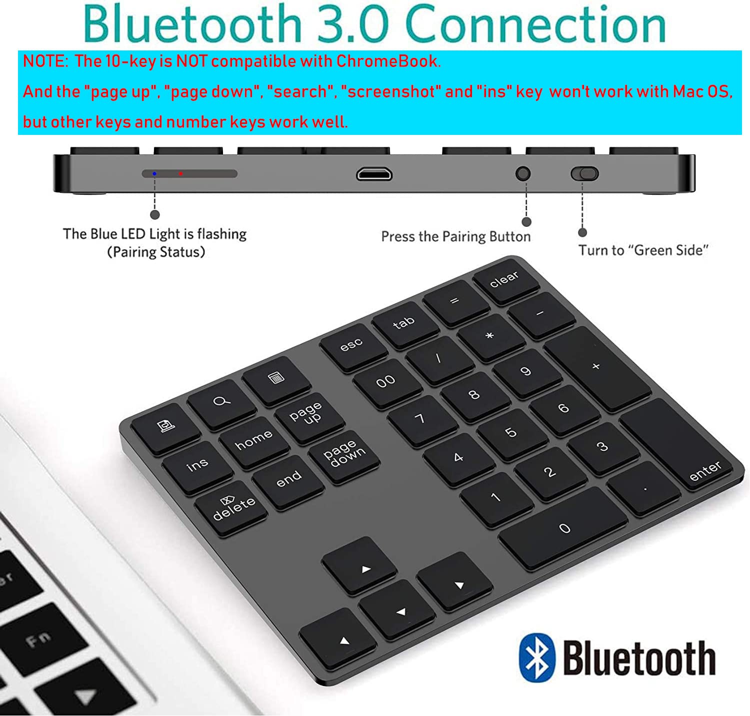 Verilux Bluetooth Numeric Keypad with 34 Keys and Rechargeable Design for Mac and Windows
