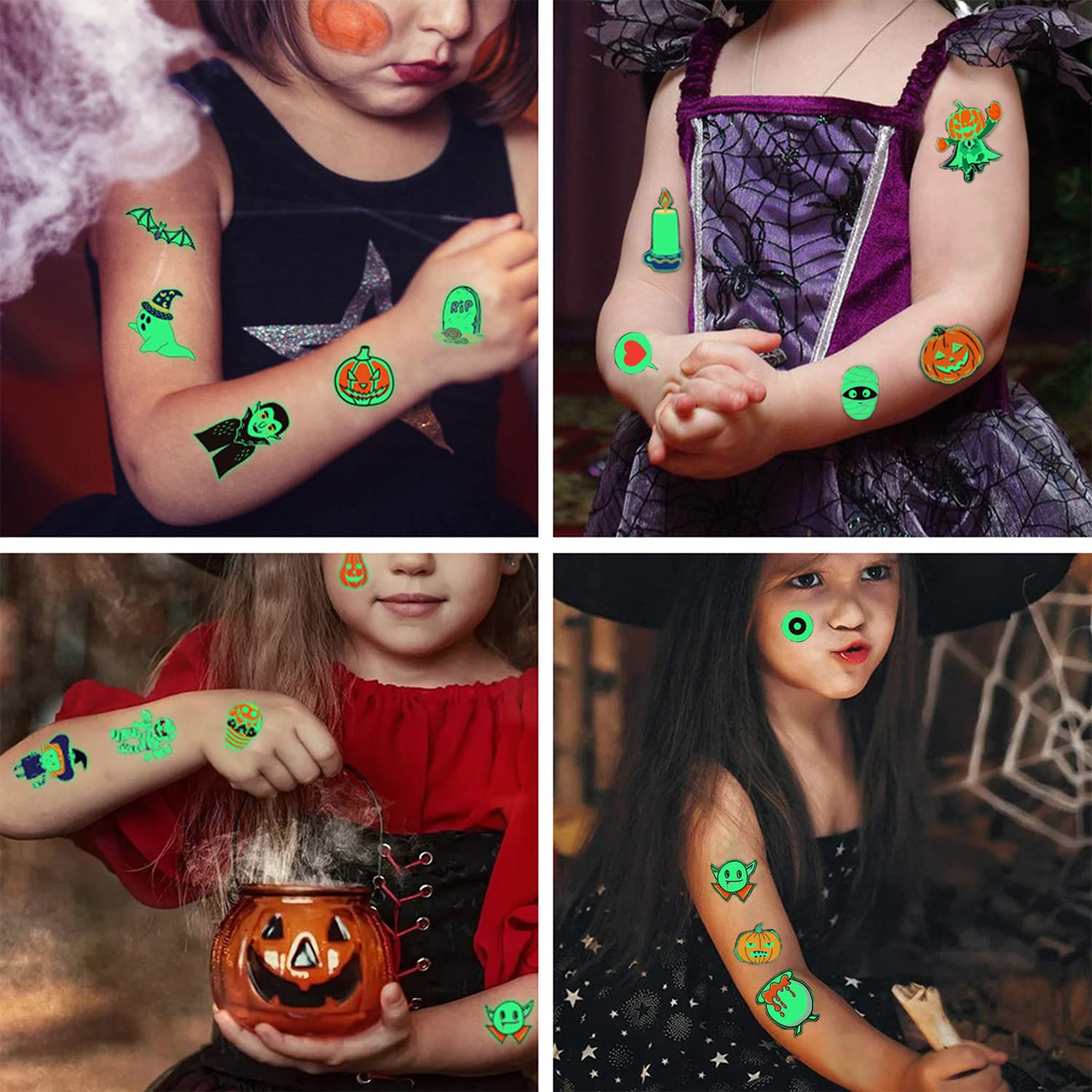 HASTHIP Temporary Tattoo Stickers for Halloween Party with Night Glow Effect | 10 Sheets