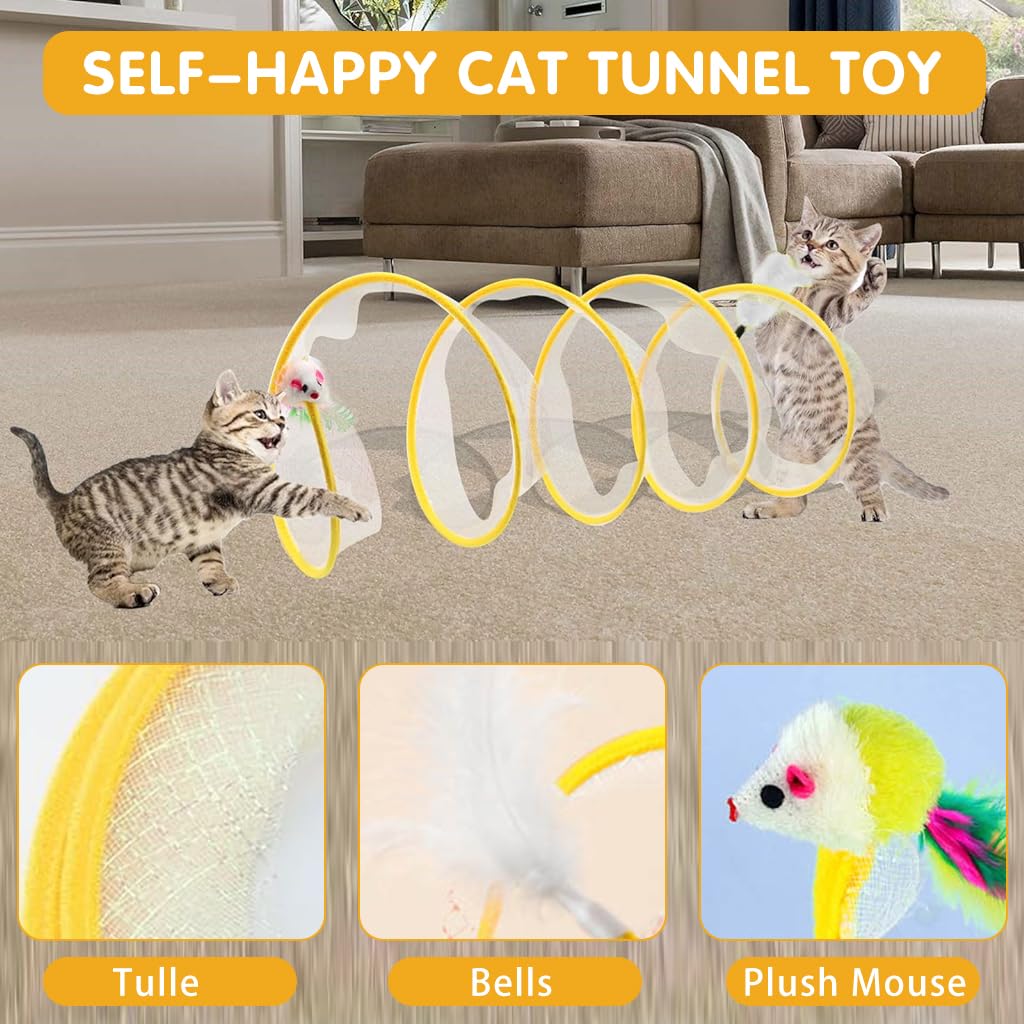 Qpets® Cat Tunnel for Indoor Cats, Elastic Spring Tunnel CatPlaying Toys with Feather Tail, Teaser Toy for Cat, Small Pet