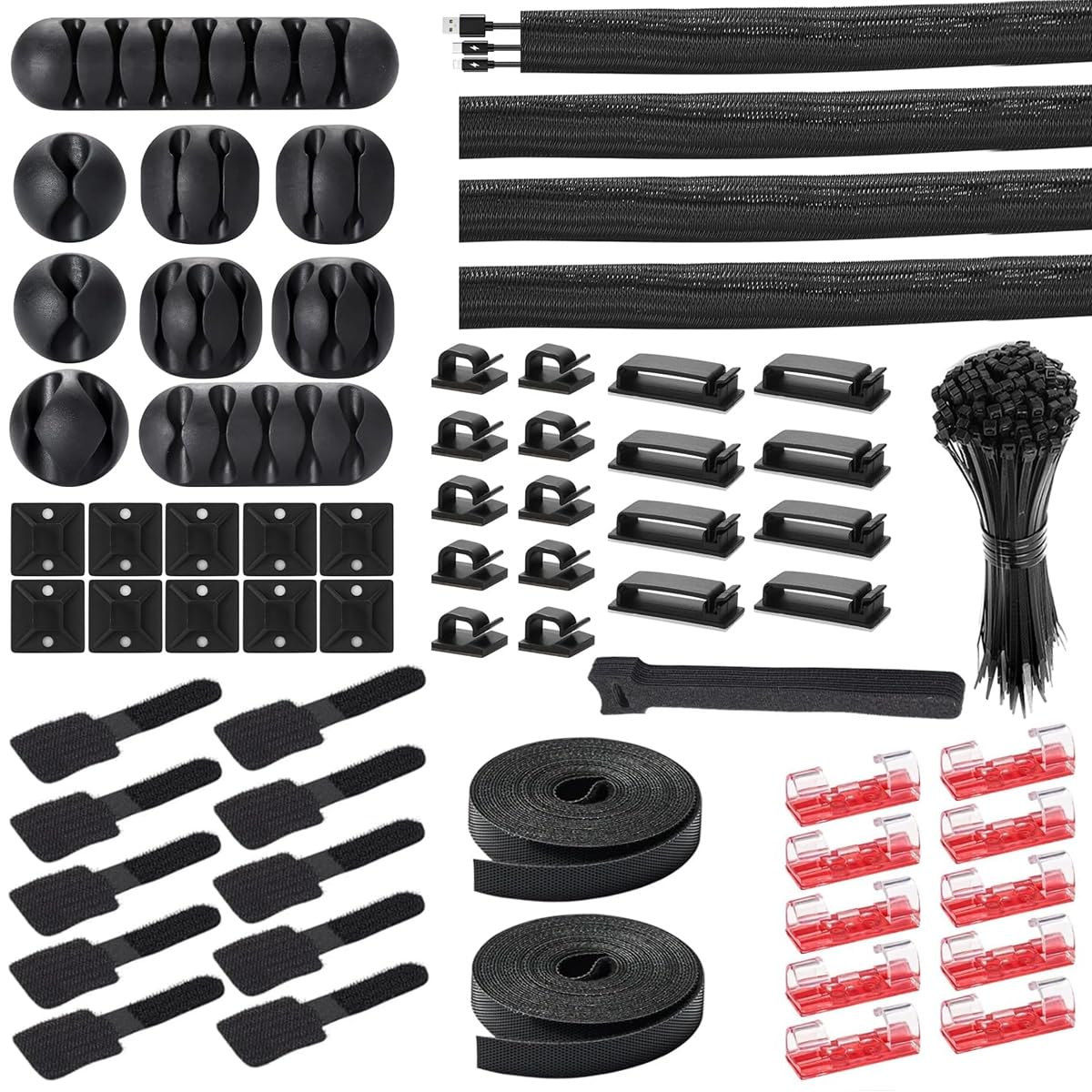 HASTHIP® 147pcs Cable Organizer Kit Cable Management Kit with 34 Self Adhesive Cable Clips, 2 Cable Sleeves, 10+1 Roll Cable Straps and 100 Fastening Cable Ties for TV Office Home Electronics