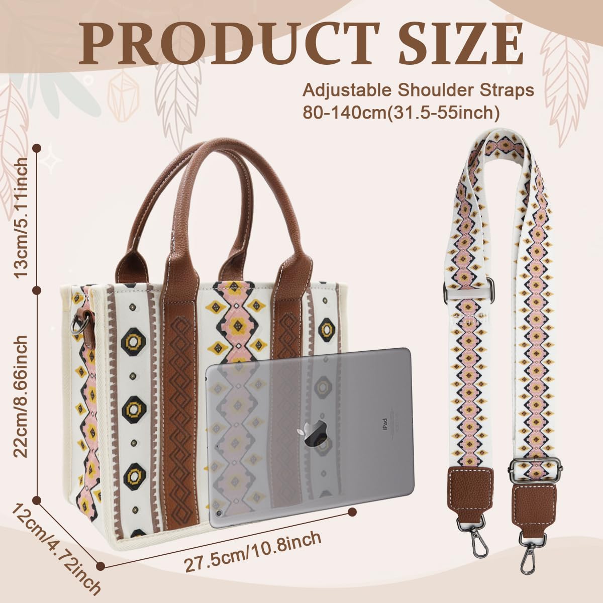 PALAY Tote Bag for Work and Travel with Detachable Shoulder Belt and 10.62x4.72x8.46 in Capacity | Boho Geometric Canvas Style