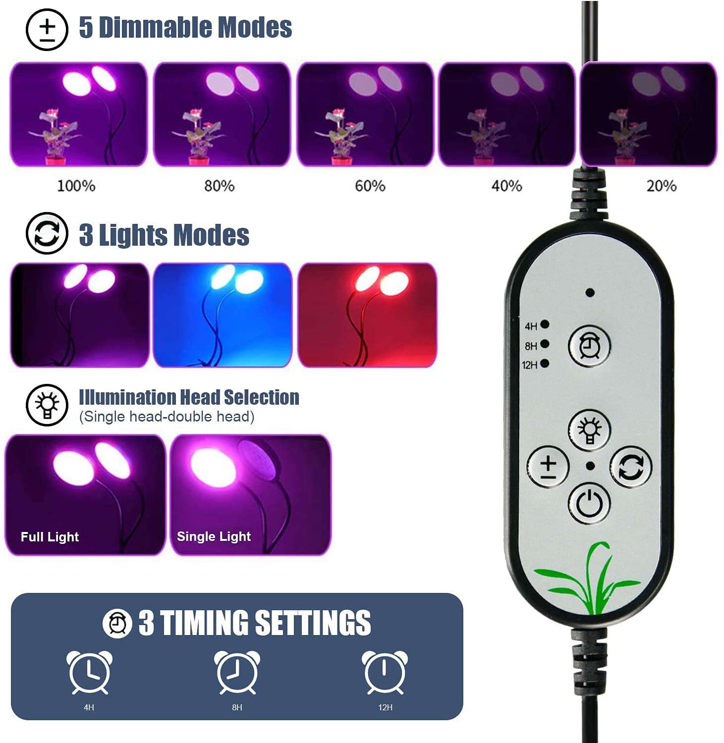 HASTHIP® Led Grow Light for Indoor Plant with 5 Gear Adjustable,USB Rechargable Remote Control Plant Grow Lights,Led Grow Light Bulb Can 360° Adjustment for Living Office(1 Head)