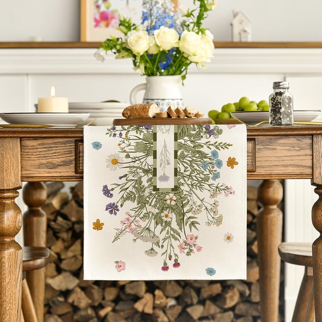 Supvox® Vintage Wildflowers Daisy Spring Table Runner,Seasonal Summer Floral Kitchen Dining Table Decoration for Home Party Decor 13x72 Inch