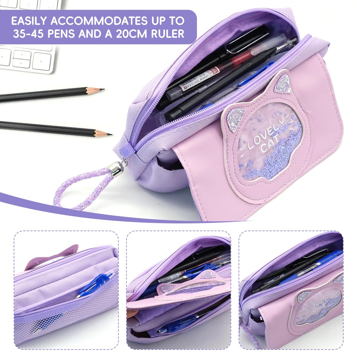 Zibuyu Pencil Pouch for Schoolgirls with Double Layer Zipper and Cute Purple Kitty Design