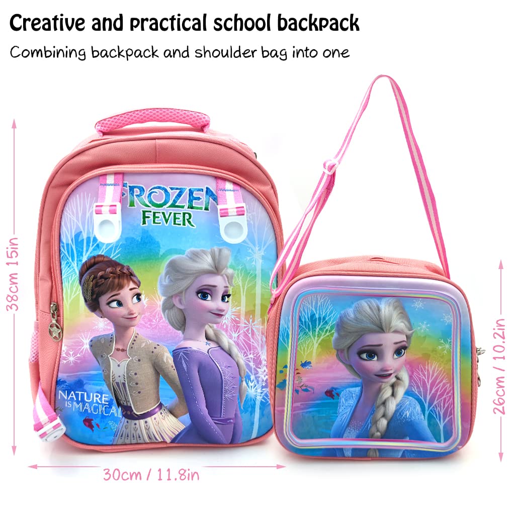 PALAY 2 in 1 Kids Bags For Girls Backpack Messenger Bag 16'' Girl School Backpack Princess Elsa Cartoon School Backpack for Girls Gift for Kids Primary Student