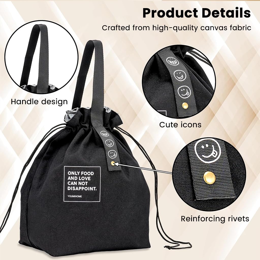 HASTHIP Reusable Lunch Bag for Work and Picnic with Drawstring Closure and Insulated Canvas 21x15x30cm
