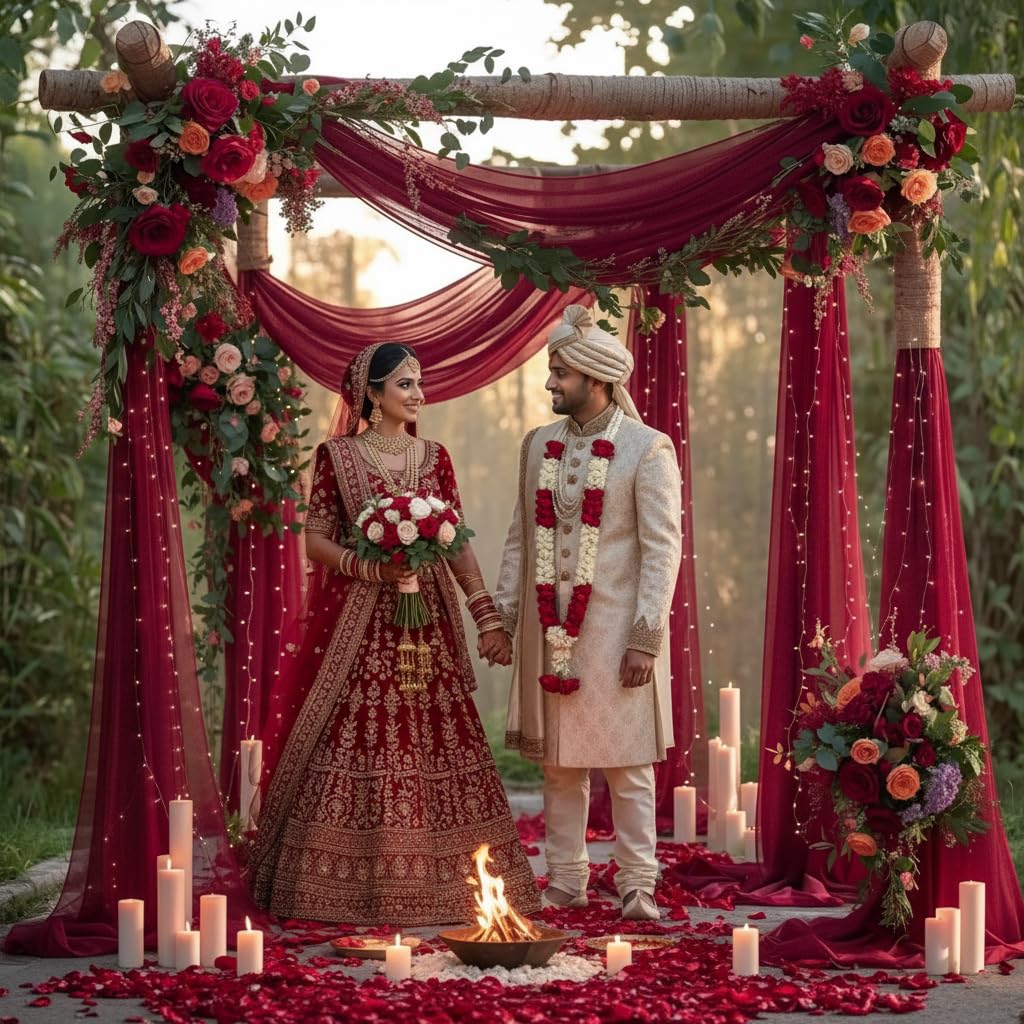 HASTHIP Net Curtain for Wedding and Festive Decor featuring Sheer Lace Design 0.75x6 m | Burgundy Red Fabric for DIY Crafts and Backdrops