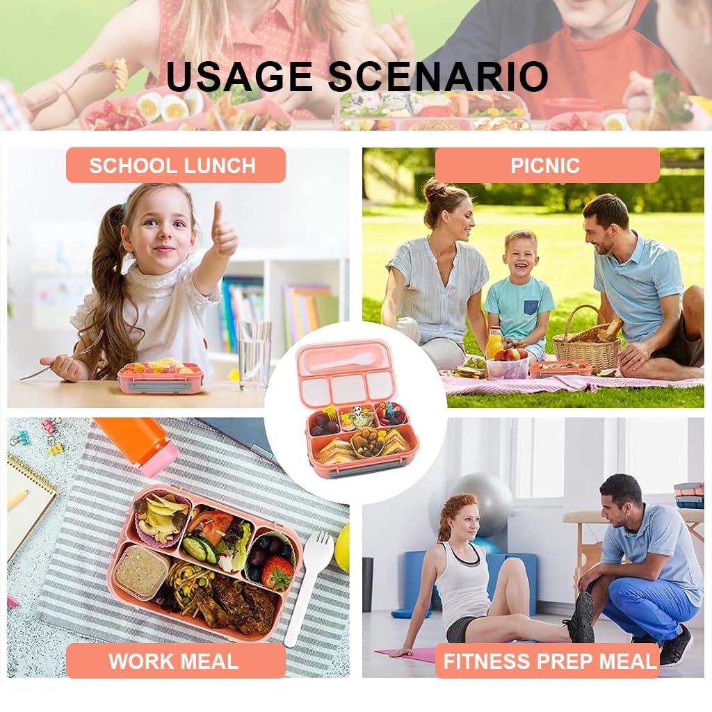 Supvox Kids Lunch Box for School with 4 Compartments and 6 Cups Pink Wheat Straw | Leak Proof