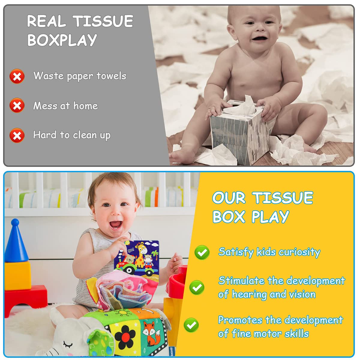 SNOWIE SOFT Sensory Montessori Tissue Box Toy with 8 Color Cloths for Toddlers | Elephant Plush