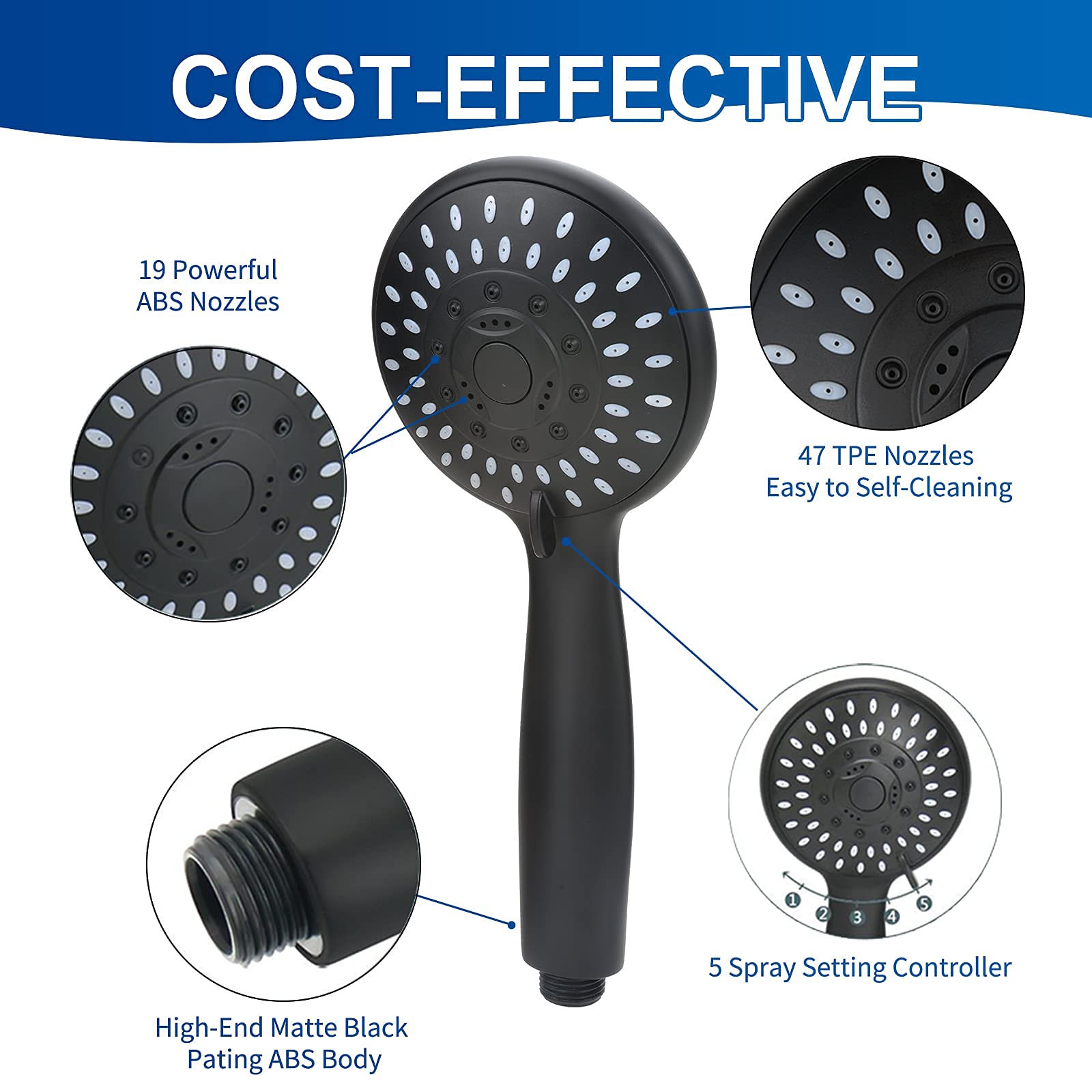 HASTHIP® High-Pressure Handheld Shower, 5-Setting Powerful Shower Head with ON/Off Pause Switch & Silicone Water Outlet Holes, Standard Interface Universally Compatibility