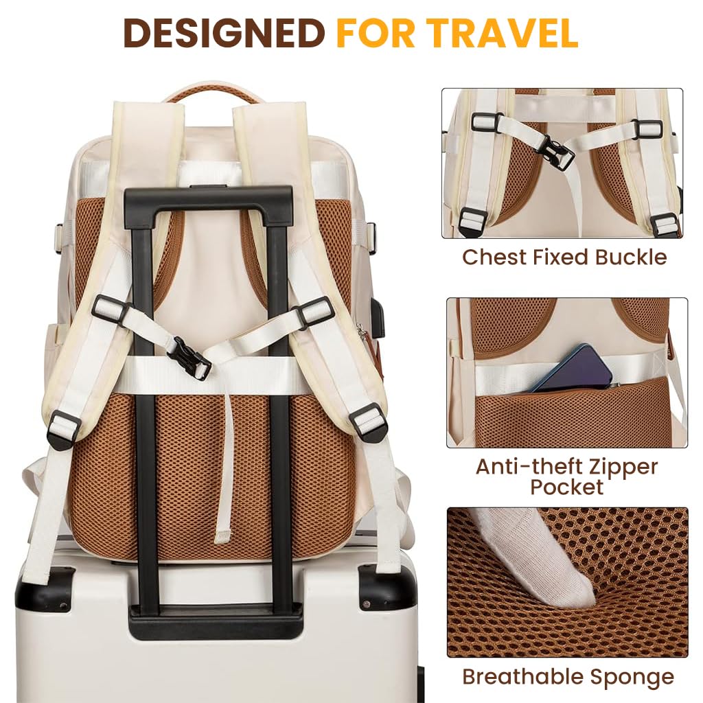 PALAY® Travel Laptop Backpack, 40L Double Layer 15.6 Inch Travel Laptop Backpack Fashion Beige Laptop Backpack Safe Anti-Theft Waterproof Oxford Cloth Laptop Backpack Travel Backpack with Shoe Bag