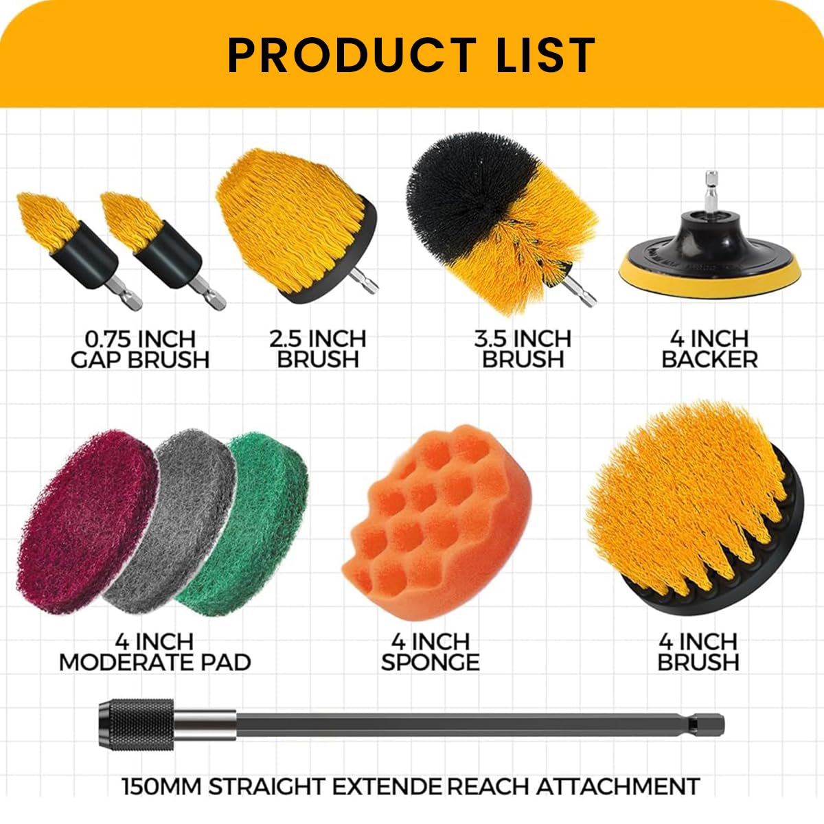 STHIRA Drill Brush Attachments Set with 11 Pcs for Power Drill Cleaning | Flat Hard Bristle Brushes and Scrub Pads