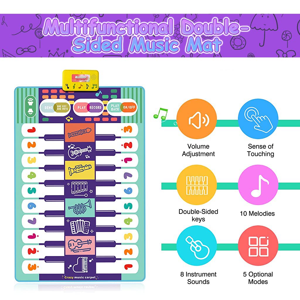 PATPAT Musical Mat for Kids with Dual Row 20 Keys Piano and 8 Instruments 46.5 x 30.7 in | Educational Toy for 1–6 Year Old Boys and Girls