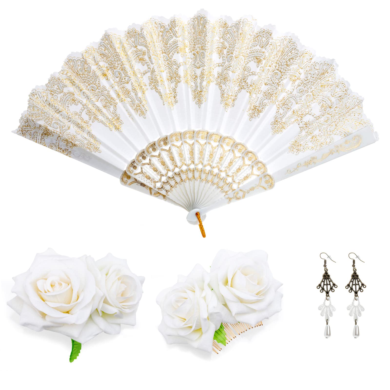 HASTHIP Hand Fan Elegant White Fabric Hand Fan Traditional Chinese Fan with Tassel Charm Summer Fan Handheld Cooling Fan Travel Hand Fan Gift for Girls Women, 9 inches