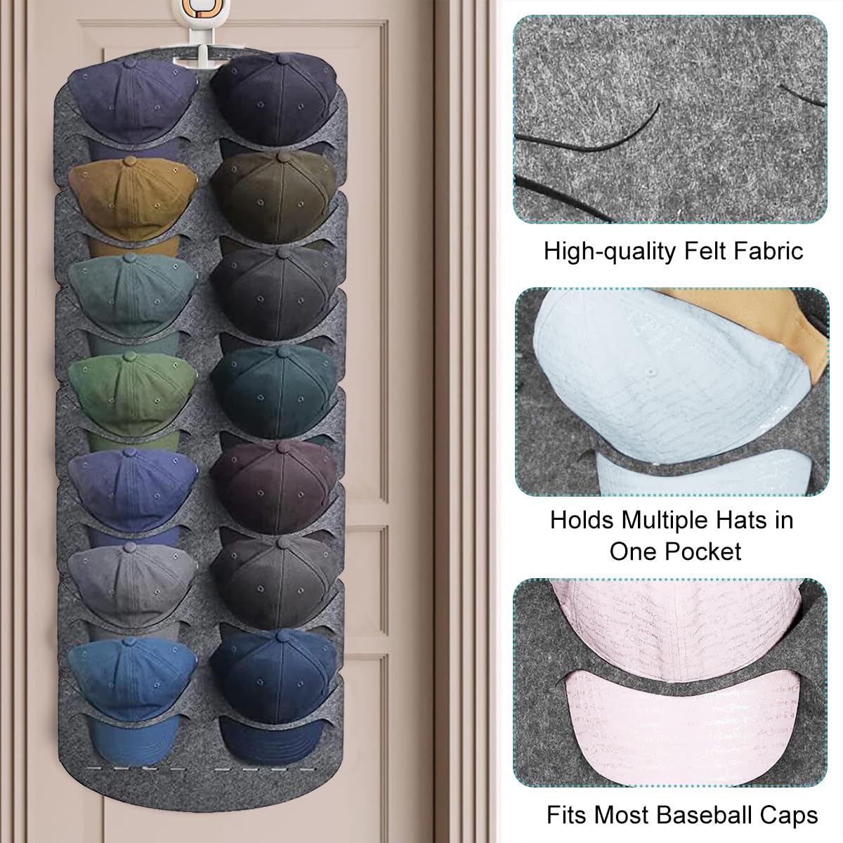 HASTHIP Nylon Hat Organizer for Baseball Caps with 14 Pockets featuring Easy‑Grab Layout | Grey Over Door Storage for Closet and Bedroom