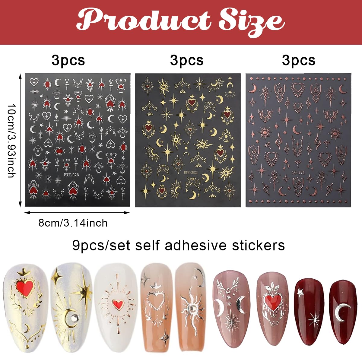 MAYCREATE® 9 Sheet 3D Nail Art Decal Charm Stickers Self-Adhesive Embossed Crescent Sun Nail Art Stickers Decals Extension Nail Decal Stickers Nail Art Design Decoration