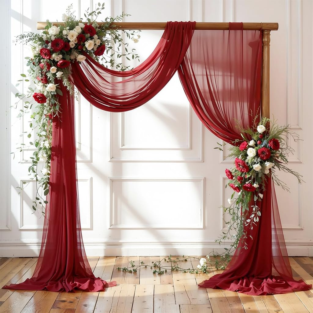HASTHIP Net Curtain for Wedding and Festive Decor featuring Sheer Lace Design 0.75x6 m | Burgundy Red Fabric for DIY Crafts and Backdrops