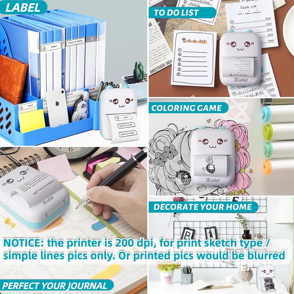 ZEITEL Mini Bluetooth Thermal Printer for iOS and Android with 200DPI Printing | 13 Papers and 3 Sticker Rolls for Journaling and DIY Crafts