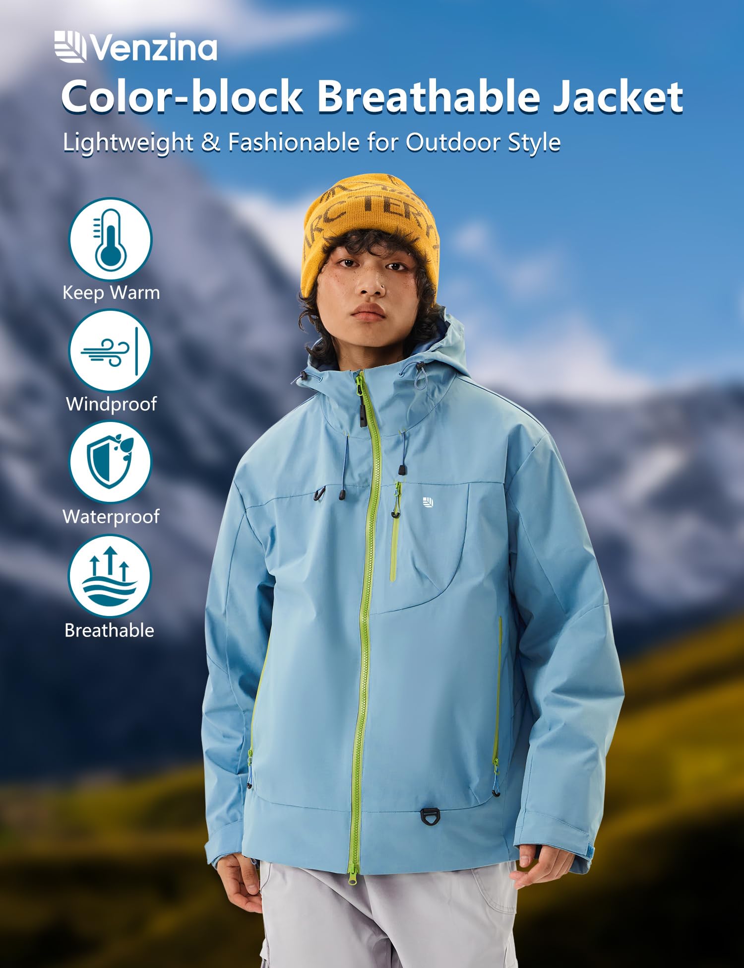 Venzina Men's Waterproof Rain Jacket for Urban Outdoor with Color Block Design and Breathable Windproof Fabric | Blue Unisex Style