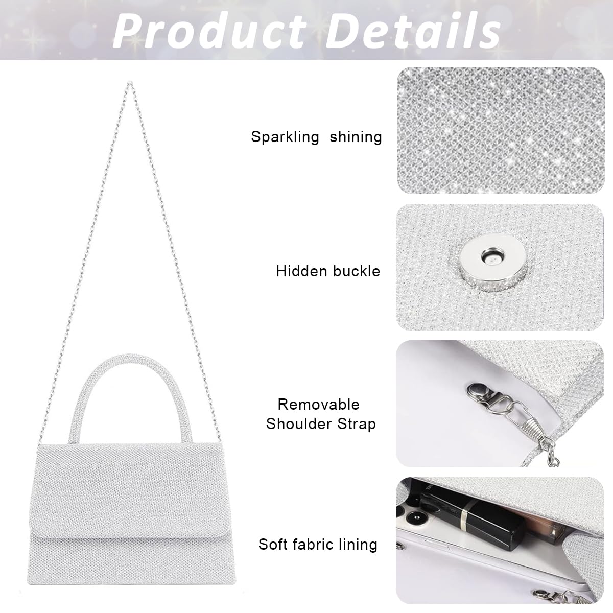 PALAY Clutch for Women with Detachable Chain Top Handle in Sparkling Silver PVC | 7.95x2x5.3 in Evening Tote