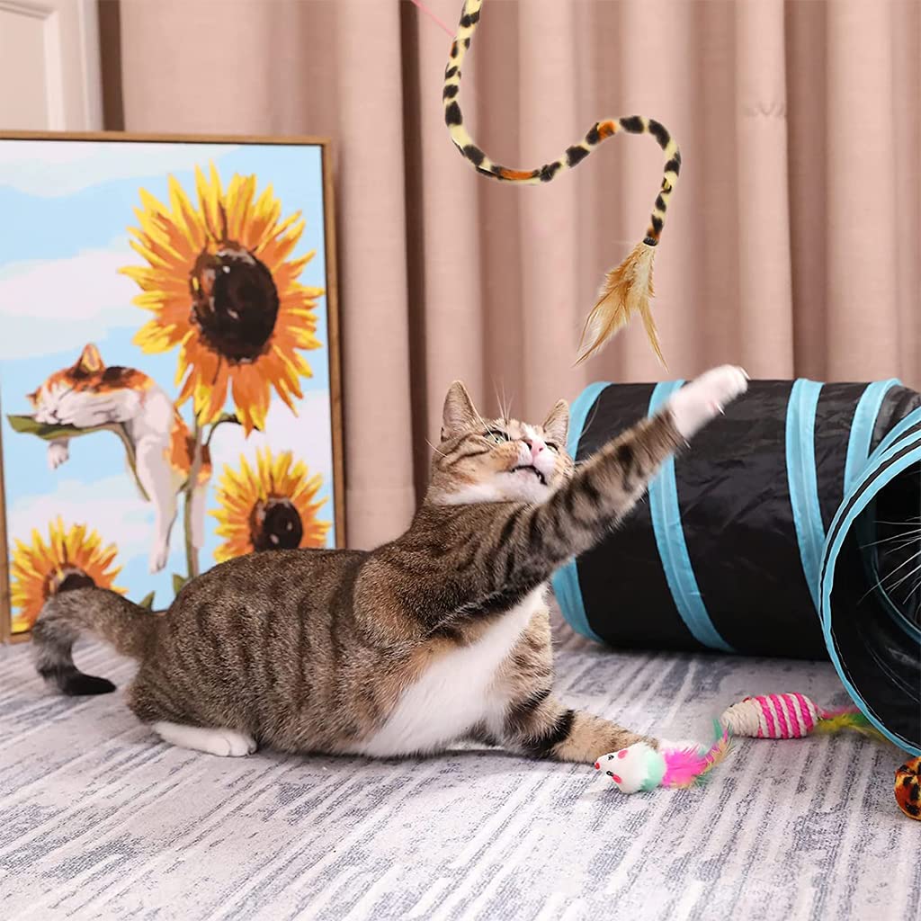 Qpets Cat Toys Set for Indoor Cats with 22 Pcs Tunnel and Feather Teaser | Fun Gift Kit
