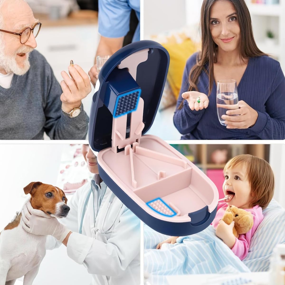 HANNEA Pill Cutter Splitter for Small Tablets with Safety Blade Guard and V-Shaped Groove | Blue Portable 0.08–0.8 in Pill Storage