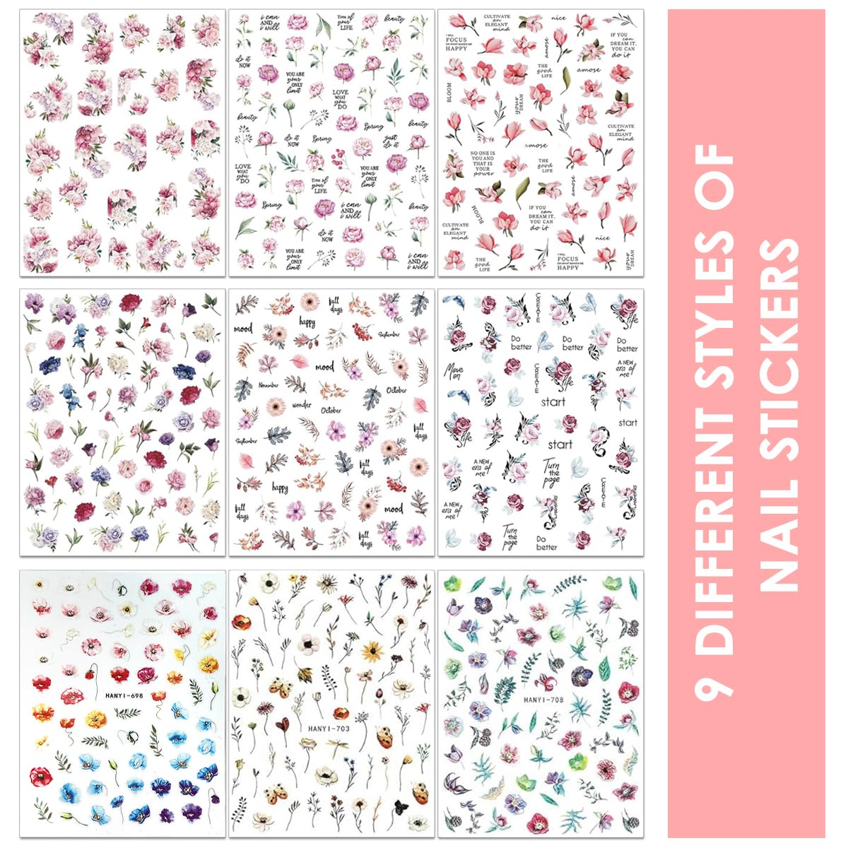 MAYCREATE Nail Art Stickers for DIY Floral Designs with 9 Sheets Self‑Adhesive Decals | Waterproof Nail Decor for Women and Girls