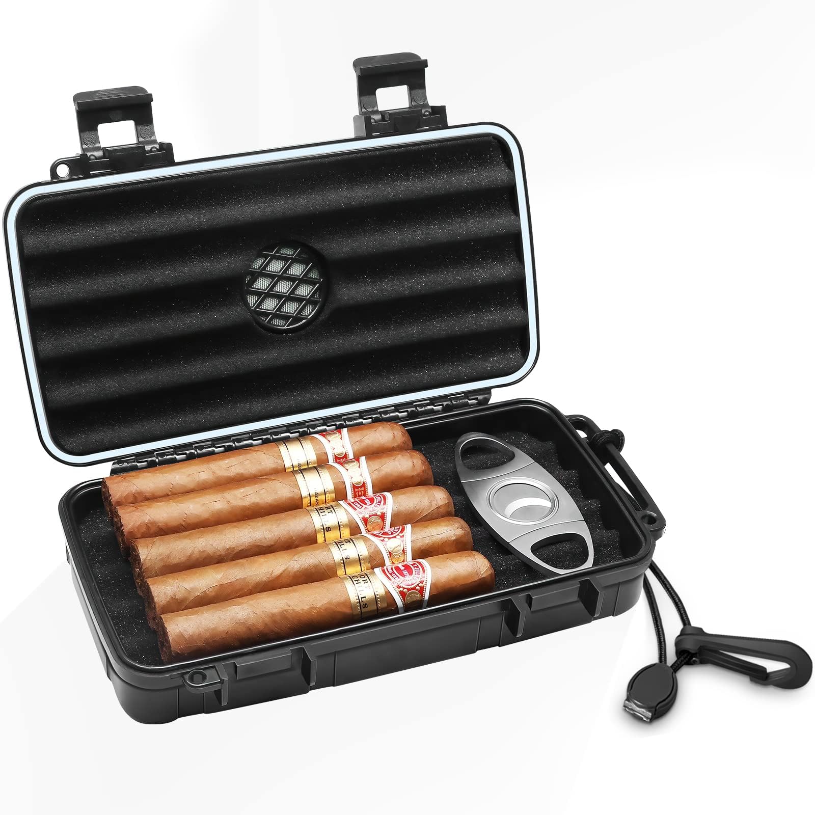 GUSTAVE Cigar Humidor Case, Portable Travel Cigar Box with Humidifier Disc & Cigar Cutter, Waterproof Airtight Cigar Case with Handstrap (Holds up to 5 Cigars)