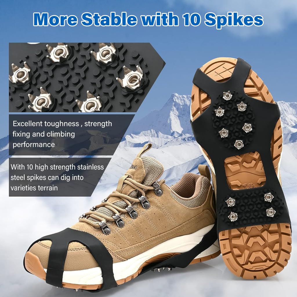 Gustave Spikes Crampons for Ice and Snow Walking featuring 10 Cleats Design and Stainless Steel | L Size 9×5.8 in