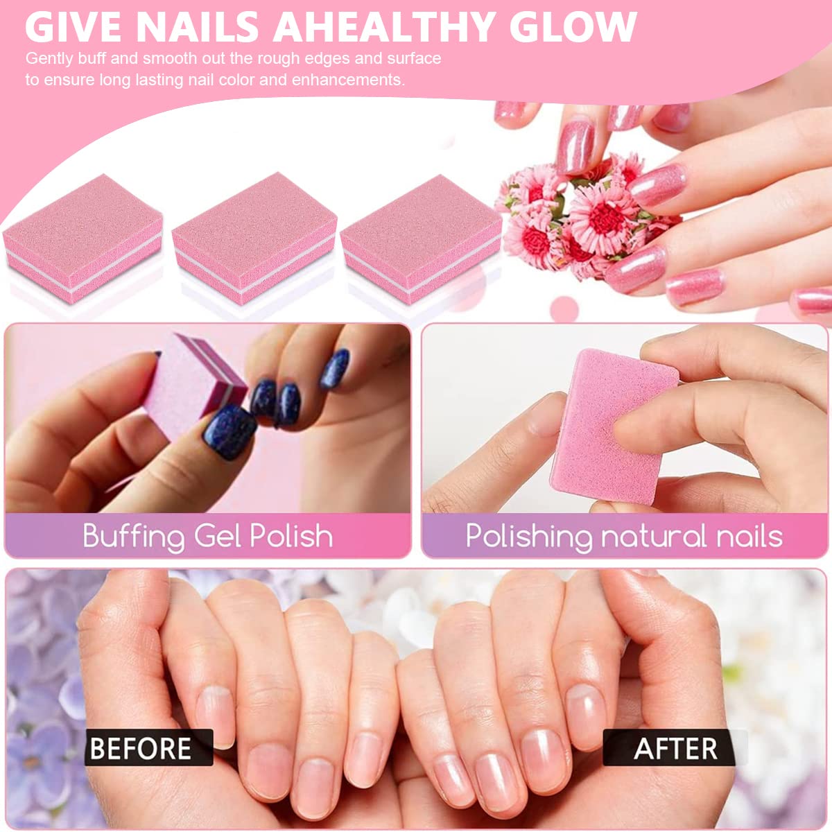 MAYCREATE Nail Buffer Mini Block File for Manicure with Double Side 100 and 180 Grit | 50pcs Pink Set