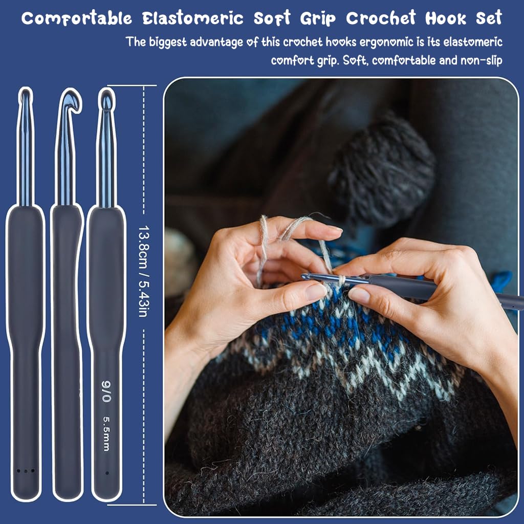 ZIBUYU Crochet Set for Beginners with 9 Hooks 2.0mm to 6.0mm and TPR Rubberized Handle