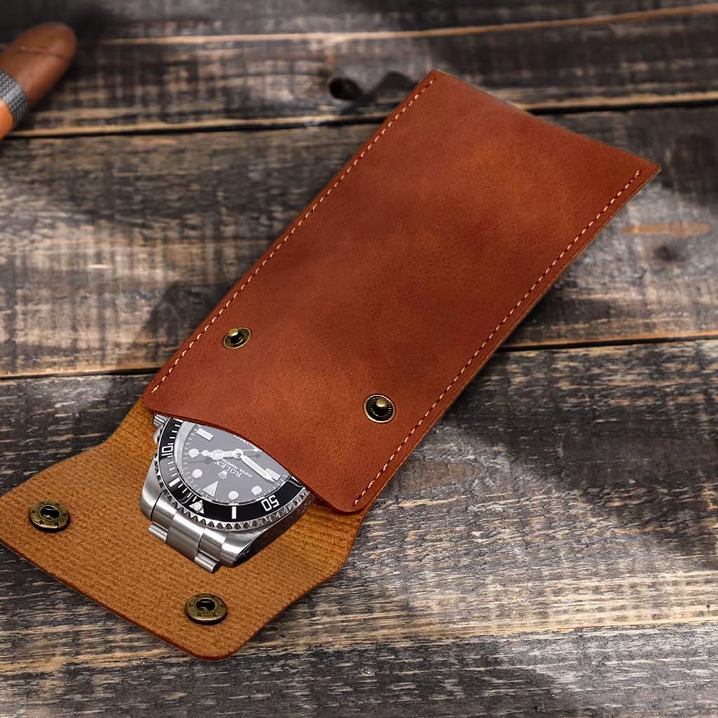 ZORBES Leather Storage Pouch for Watches and Jewelry with Snap Button Closure 15.5x7.6cm Brown