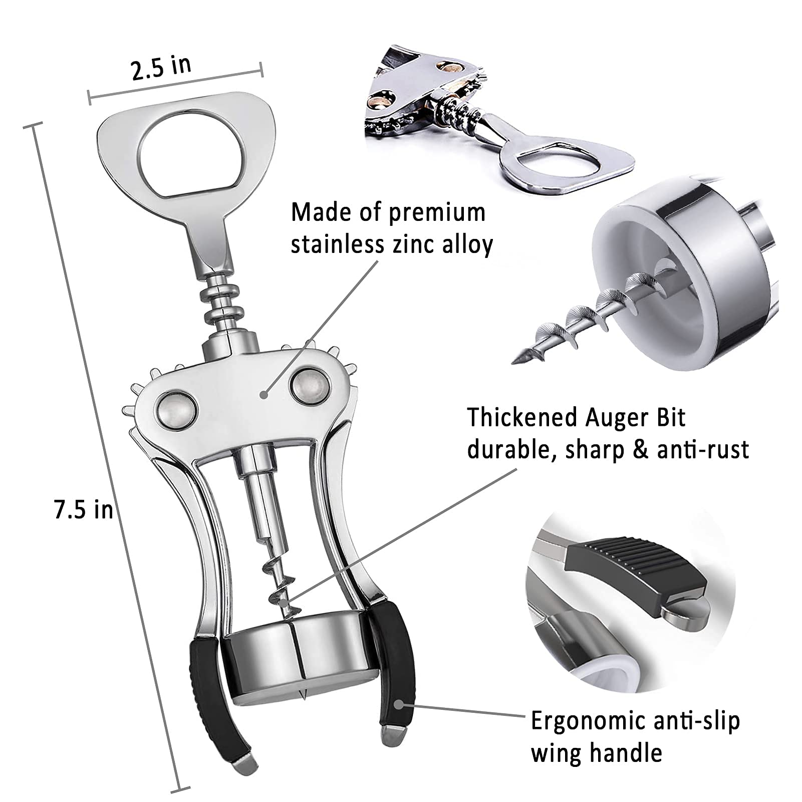 HASTHIP® 3PCS Upgrade Multifunctional Wing Corkscrew Beer Bottle Opener Gift Set with Bottles Stopper and Foil Cutter Waiters Cork Remover for Kitchen,Restaurant,Chateau Bars