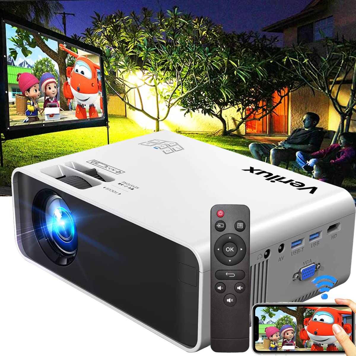 Verilux  Projector for Home Theatre Projector for Classroom FIFA World Cup 1080P WiFi Film Projector Synchronize Mirroring by WiFi/USB for Android/iOS VGA USB AV for Laptop Smartphone TV Movie