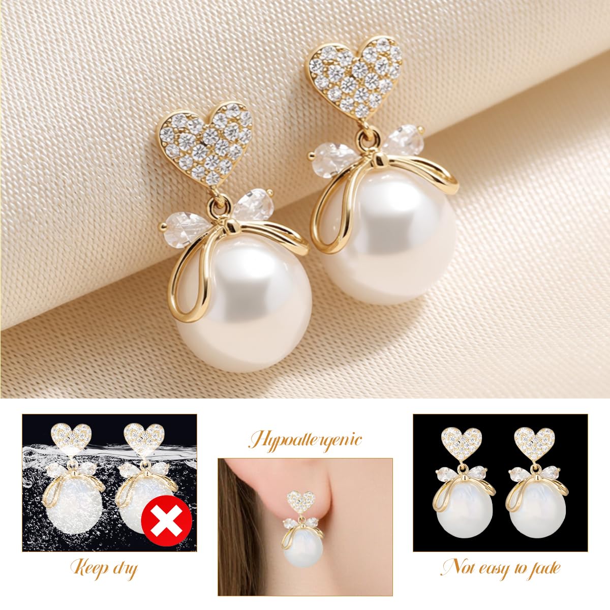 ZIBUYU Pearl Stud Earrings for Women featuring Heart-Shaped Crystal Design | Elegant Gift