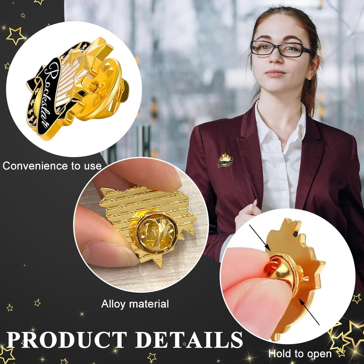 SANNIDHI Employee of The Month Lapel Pin Set for Recognition Programs with Pinback Mechanism and Alloy Build | 10Pcs Rock Star Enamel Brooch