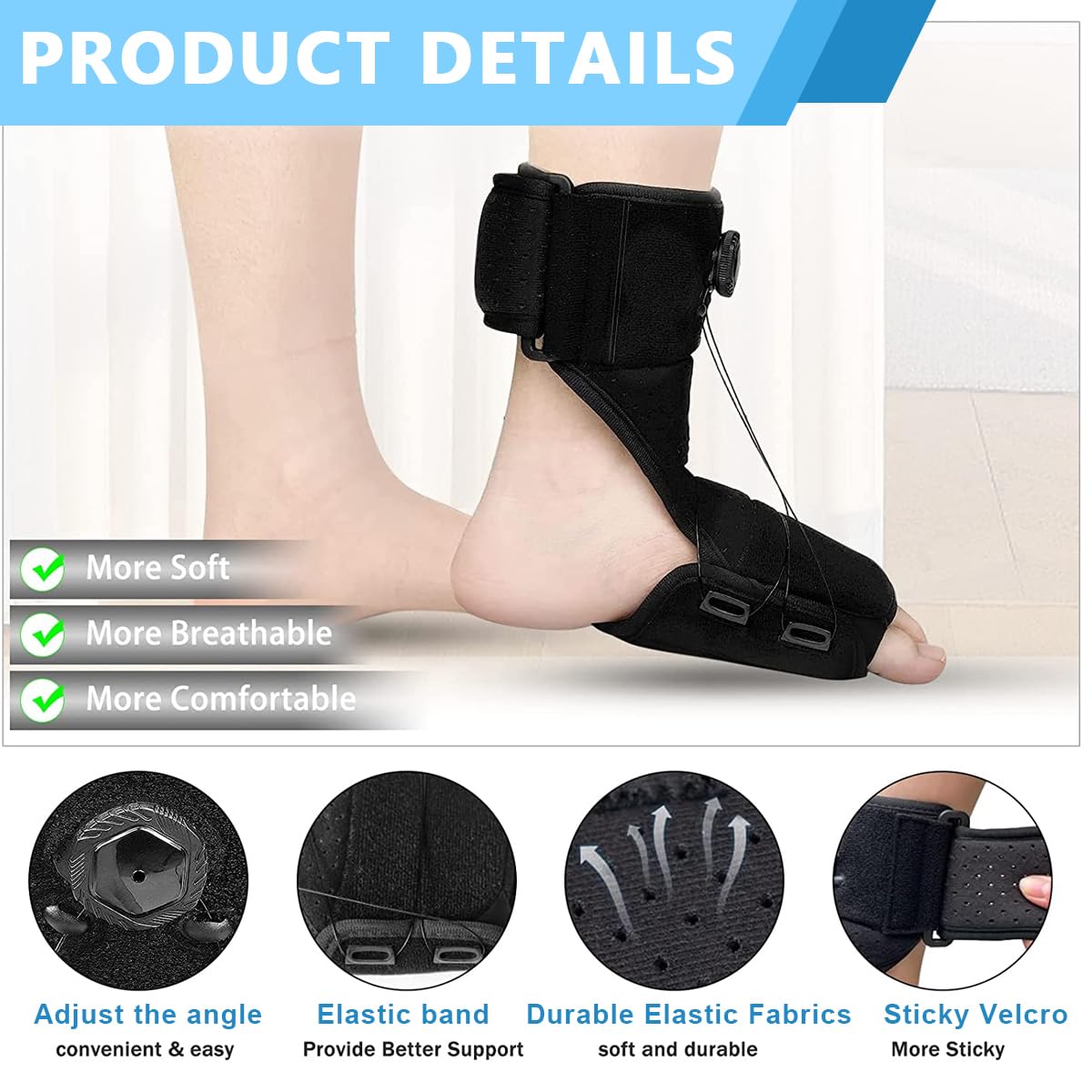 HANNEA Plantar Fasciitis Night Splint for Heel Pain Relief with 30°–100° Adjustable Knob System
