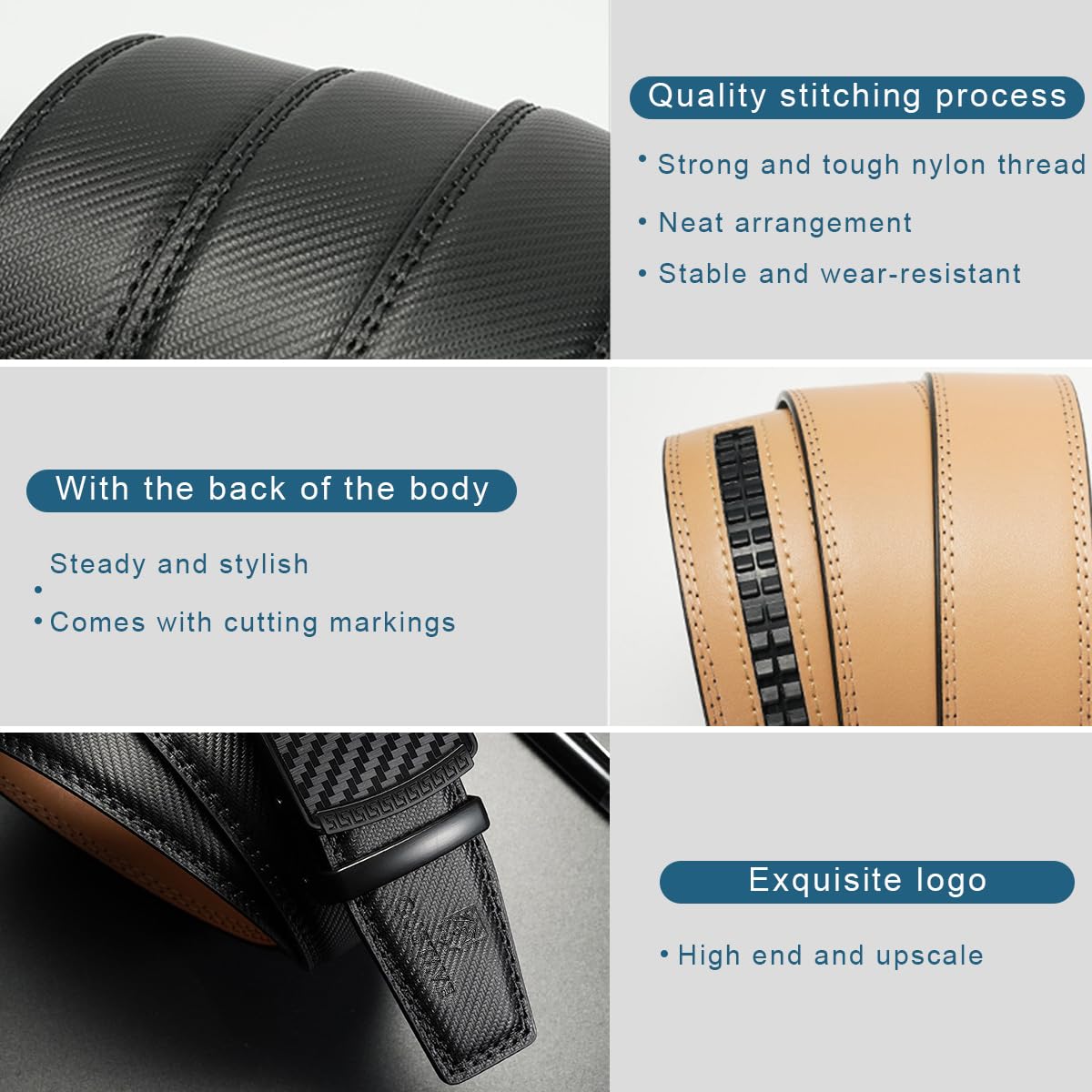 GUSTAVE® Belts for Men Black Slim Leather Belt for Men Fashion Texture Slide Waist Belt Automatic Buckle Belt for Formal or Casual - 130cm Length, Free Adjustable, No Belt Hole