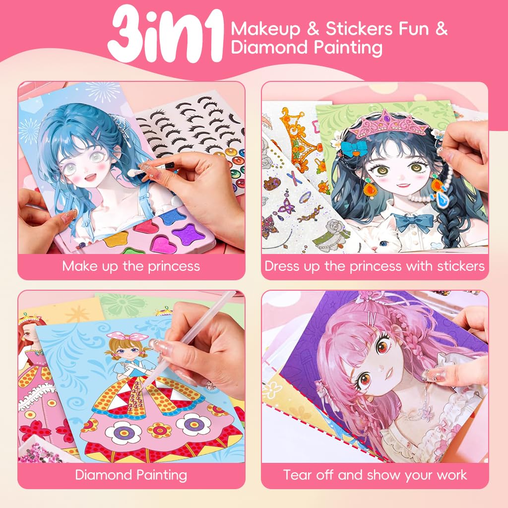 PATPAT® DIY Diamond Painting Art Kit for Girls Makeup Game Book Kit with Tools Cute Manga Girls Princess Diamond Painting Art Book Birthday Gift for Girls Art Craft Activity for Kids