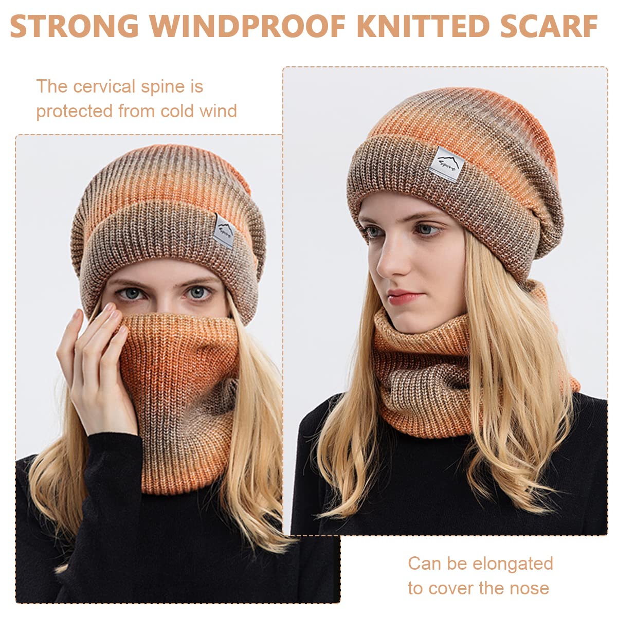 PALAY Winter Cap for Women with Scarf Set for Cold Weather featuring Fleece Lining and Gradient Design | Orange Knitted Acrylic Beanie 25×22cm