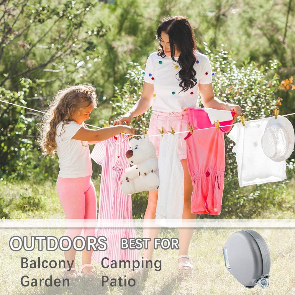 HASTHIP Retractable Clothesline for Indoor and Outdoor Drying with 39ft PVC Line and Wooden Clips | Supports 30lbs