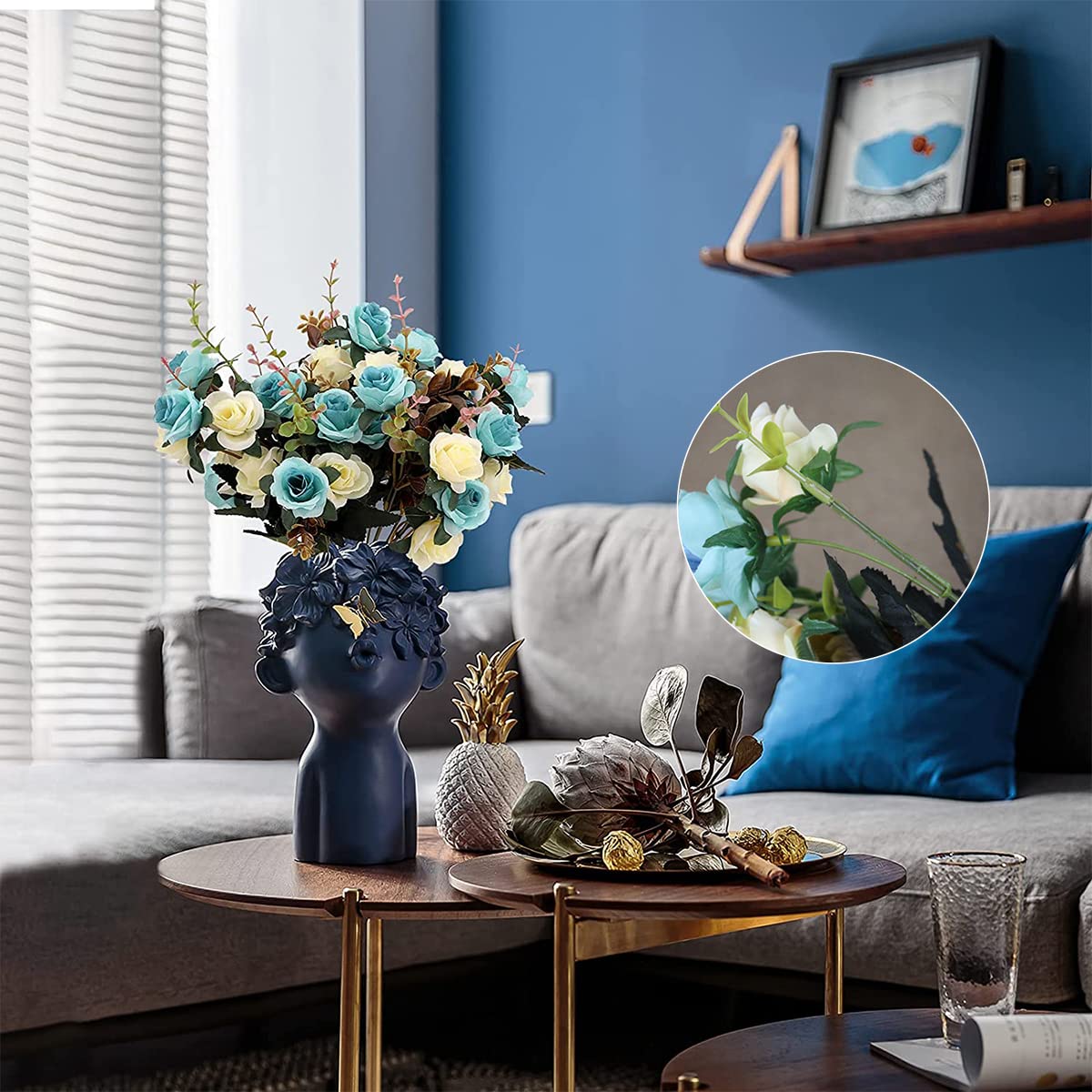 HASTHIP Artificial Rose Flowers for Home and Wedding Decoration with 2 Bundles Blue and White | Silk Fabric Realistic Rose Bouquet
