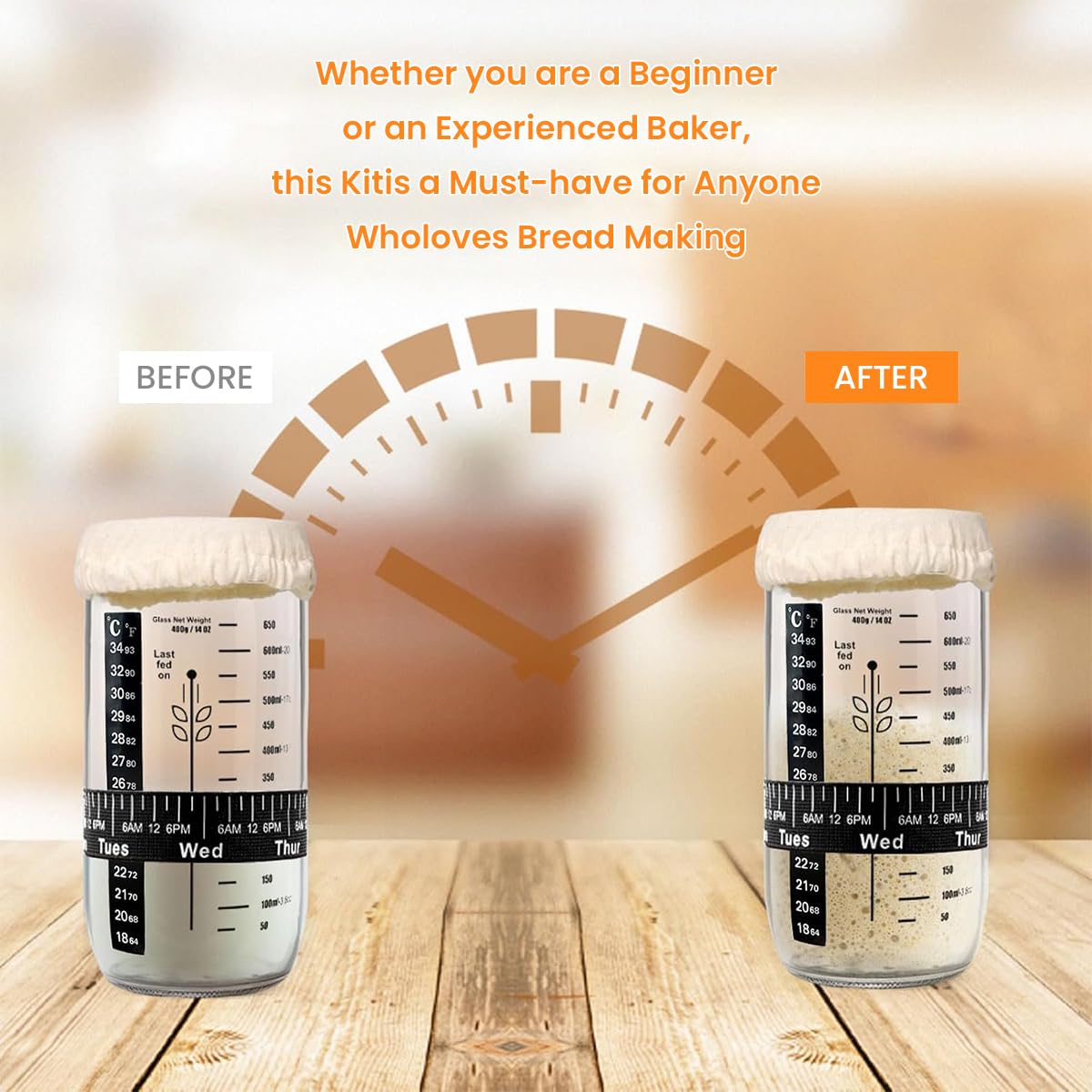 Supvox Sourdough Starter Kit with 25.6oz Glass Jar and Integrated Scale | Silicone Spatula and Thermometer Strap