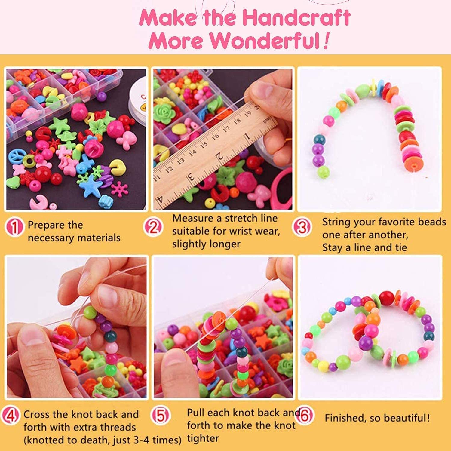 PATPAT  Jewelry Making Kit,Girl DIY Bracelet Set,Fun and Colorful Beads,Children's Self-Made Necklace and Hair Band Ring, Birthday Gift, Suitable for Children Over Three Years Old (Pink), Acrylic