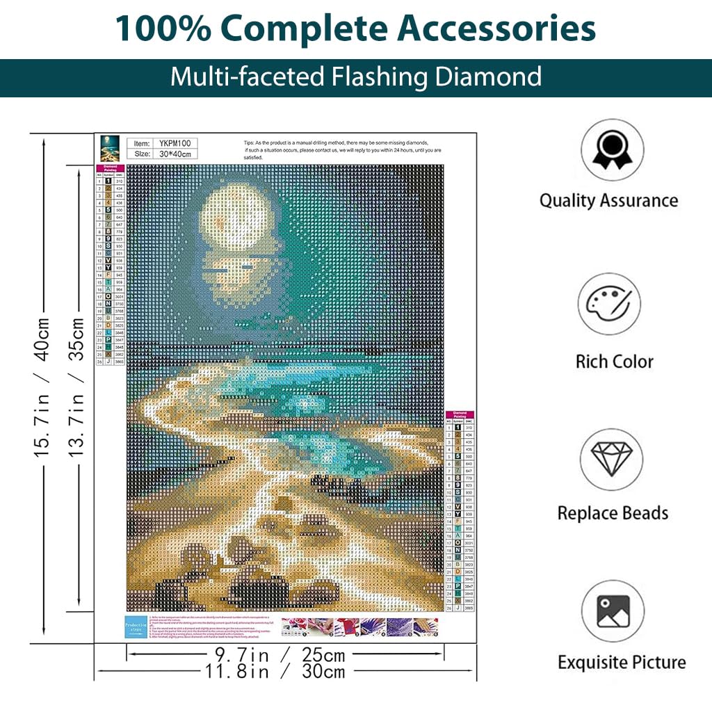 ZIBUYU® DIY 5D Diamond Painting Art Kit Dreamy Beach Moonlit Night Diamond Painting Beginner DIY 5D Diamond Painting for Home Decor, No Frame Wall Decor 5D Diamond Painting, 12 x 16 Inch
