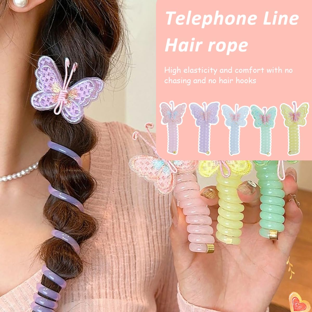 PALAY Telephone Wire Hair Band for Kids featuring Elastic Spiral Design 3 PCS | Cute Butterfly Ponytail Holders