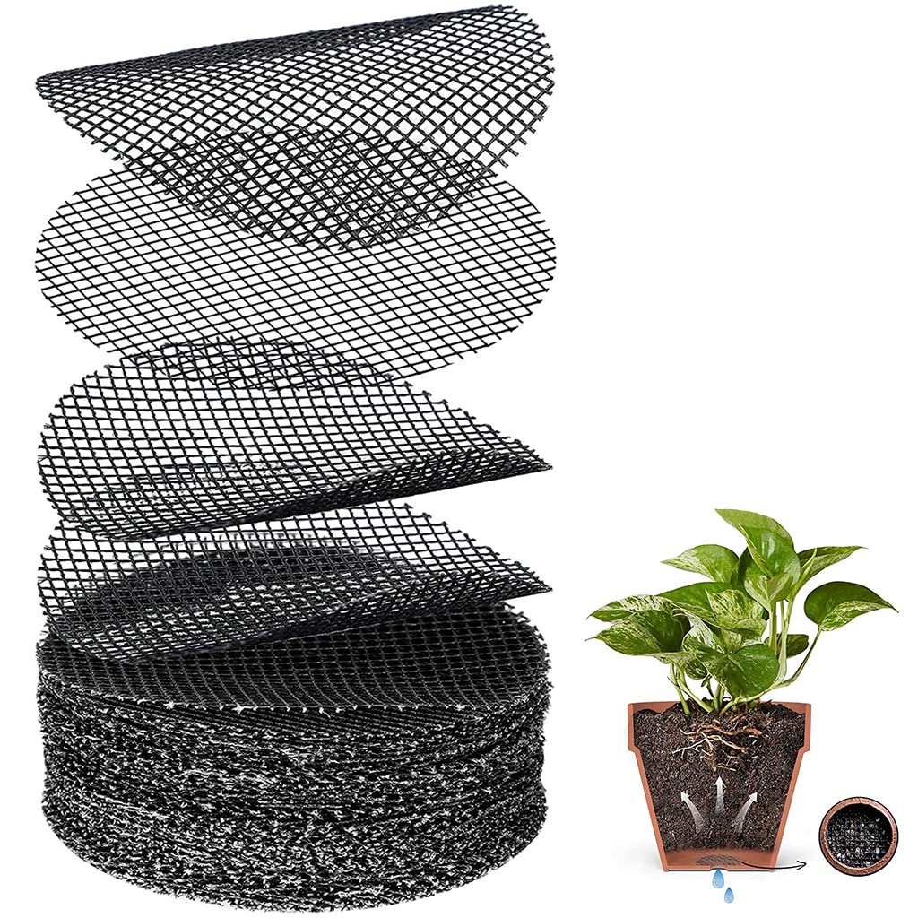 SNOWIE SOFT 50Pcs Flower Pot Hole Mesh Pad for Keep Soil from Flowing Away, 10cm Round Drainage Hole Screens for Bonsai Pot, Succulent & Table Top Planters